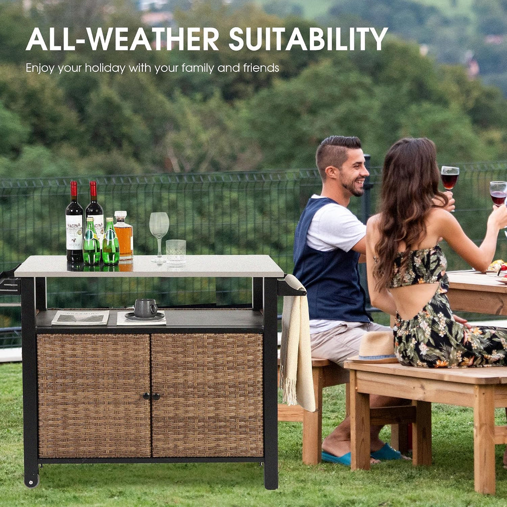 HOMEFUN Kitchen Island Cart Wicker Grill Prep Station & Stainless Steel Outdoor Serving Bar Table with Hooks Wheels Poolside Patio Grassland (Large)