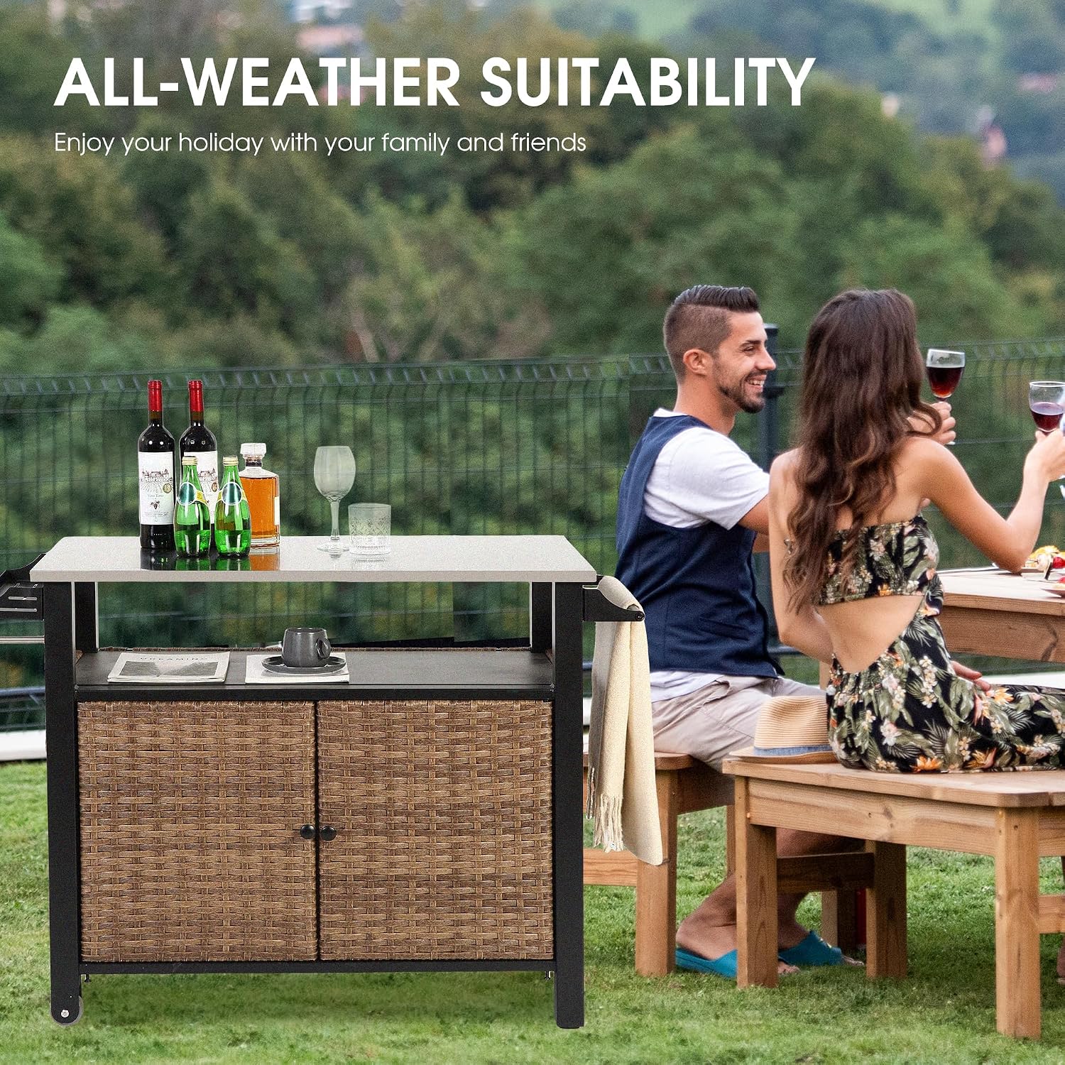 HOMEFUN Kitchen Island Cart Wicker Grill Prep Station & Stainless Steel Outdoor Serving Bar Table with Hooks Wheels Poolside Patio Grassland (Large)