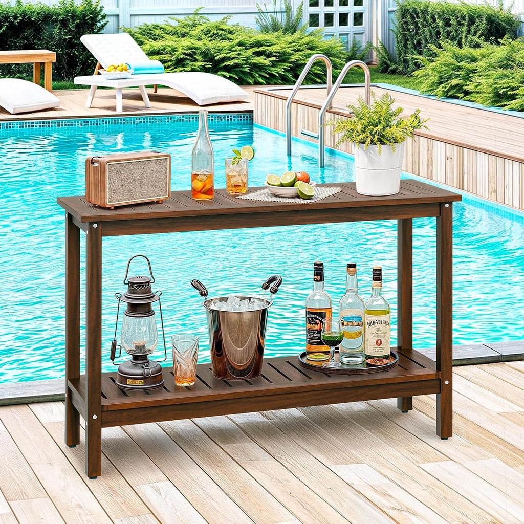 SUPER DEAL All-Weather Patio Bar Table Entry Console Table, 2-Shelf 48 inch Solid Wood Indoor Outdoor Multifunctional Buffet Storage Organizer with Adjustable Feet, Espresso