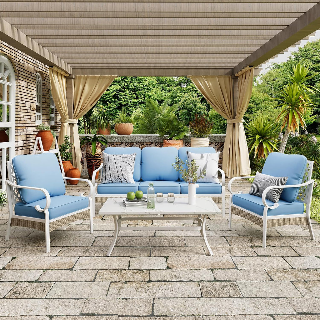 4 Piece Metal Patio Furniture Set, 5-Seat All Weather Outdoor Conversation Set with 3-Seat Sofa & 2 Fixed Chairs & 47'' Coffee Table, Outdoor Furniture Set for Backyard, Deck, Garden, White/Blue