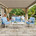 4 Piece Metal Patio Furniture Set, 5-Seat All Weather Outdoor Conversation Set with 3-Seat Sofa & 2 Fixed Chairs & 47'' Coffee Table, Outdoor Furniture Set for Backyard, Deck, Garden, White/Blue