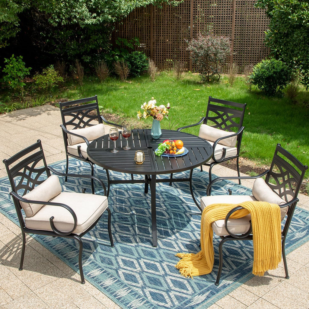 MFSTUDIO Patio Dining Sets for 4, Round Patio Table and Chairs Set with Umbrella Hole, 5 Piece Outdoor Dining Set for Deck, Poolside, Backyard, Garden