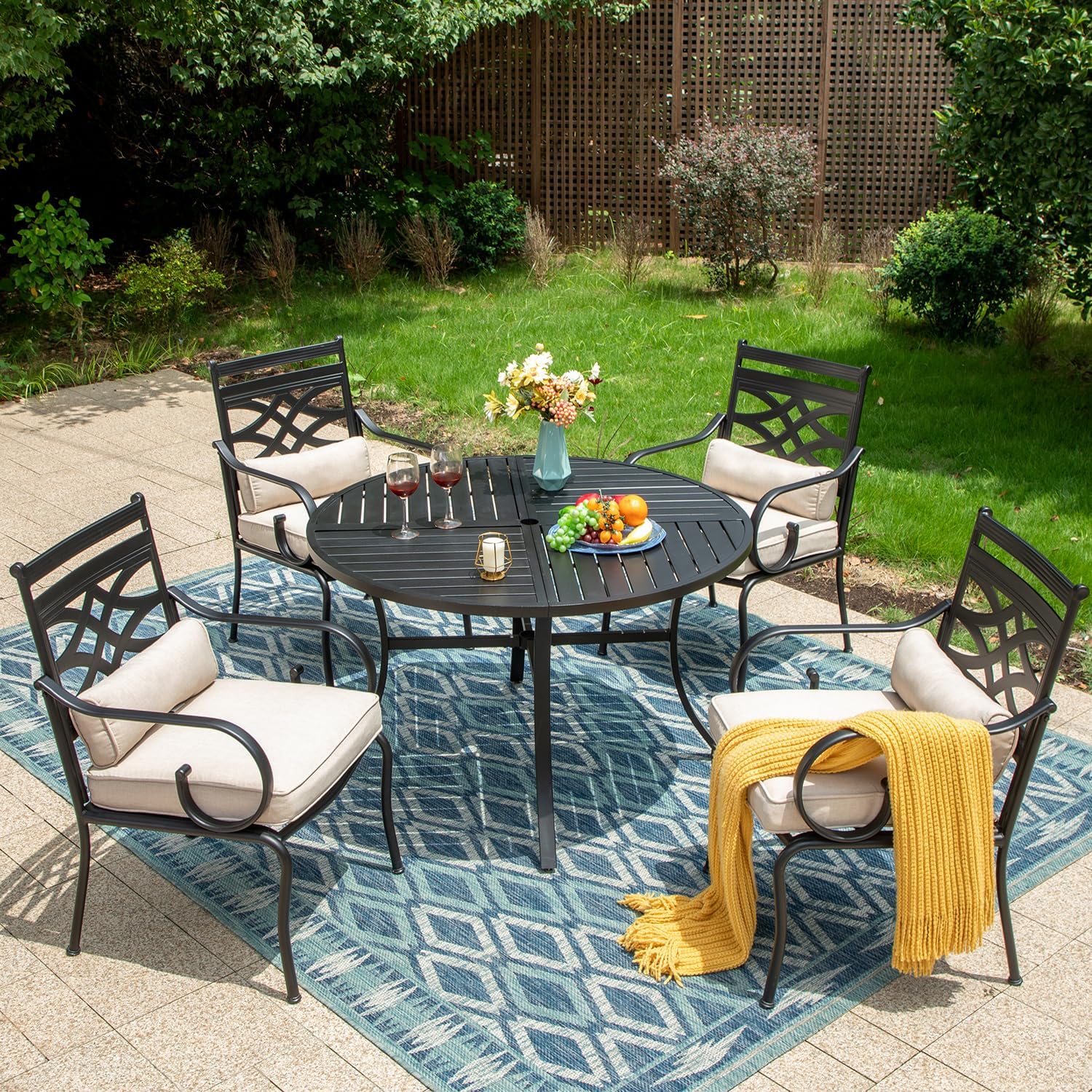 MFSTUDIO Patio Dining Sets for 4, Round Patio Table and Chairs Set with Umbrella Hole, 5 Piece Outdoor Dining Set for Deck, Poolside, Backyard, Garden