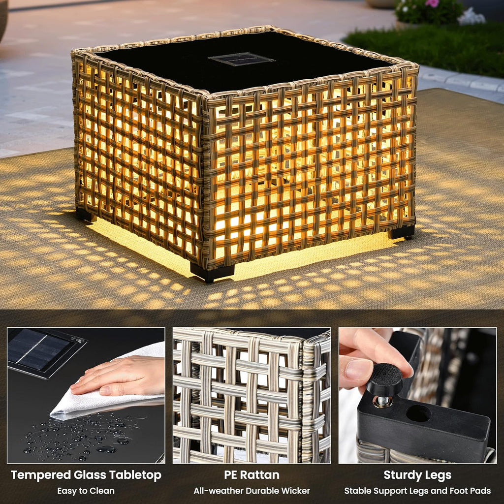 ovios Outdoor Side Table with Tempered Glass Top, Patio Wicker Rattan Solar Lights Tables for All-Weather Porch Deck Balcony Garden Poolside (Mixed Brown-Medium Size)