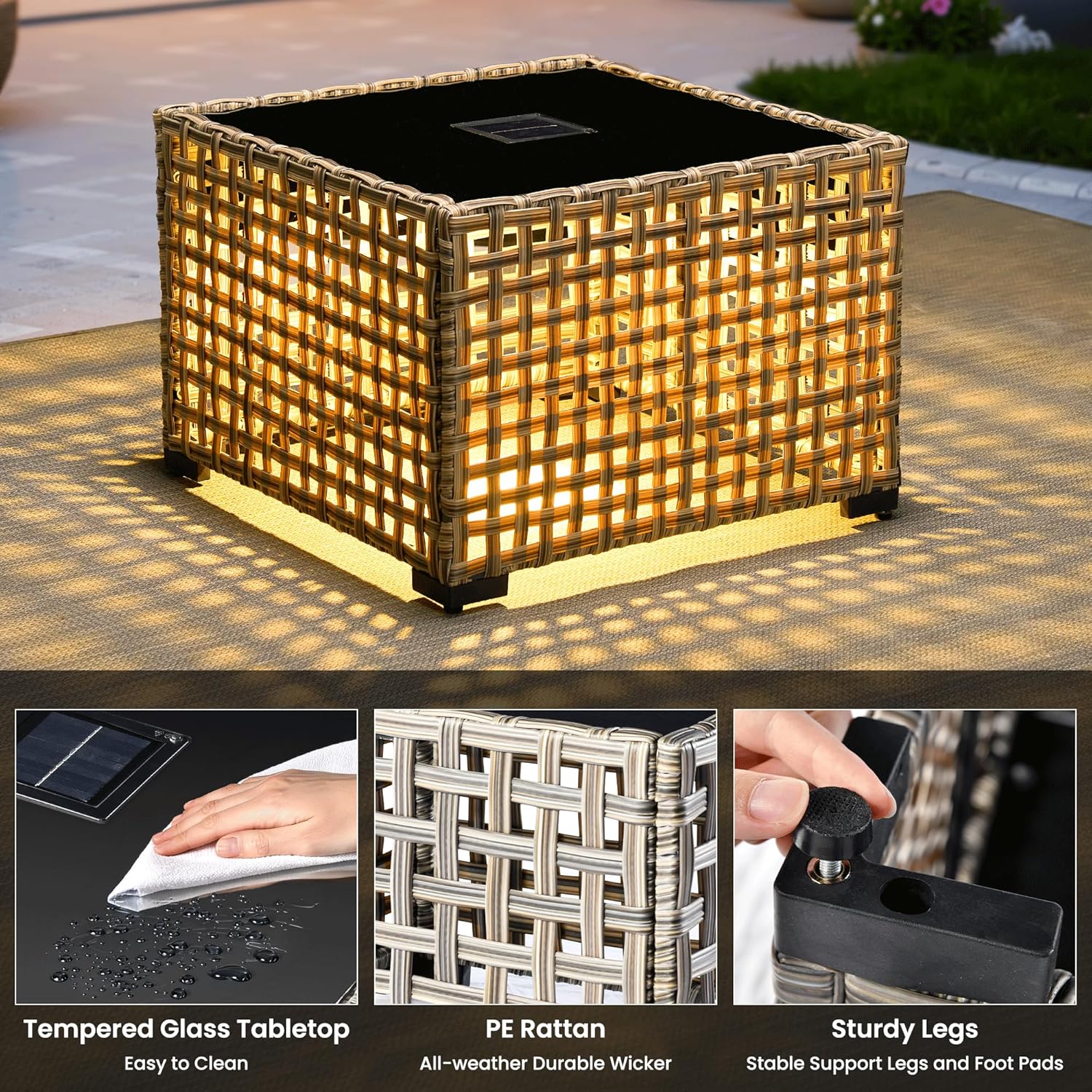 ovios Outdoor Side Table with Tempered Glass Top, Patio Wicker Rattan Solar Lights Tables for All-Weather Porch Deck Balcony Garden Poolside (Mixed Brown-Medium Size)