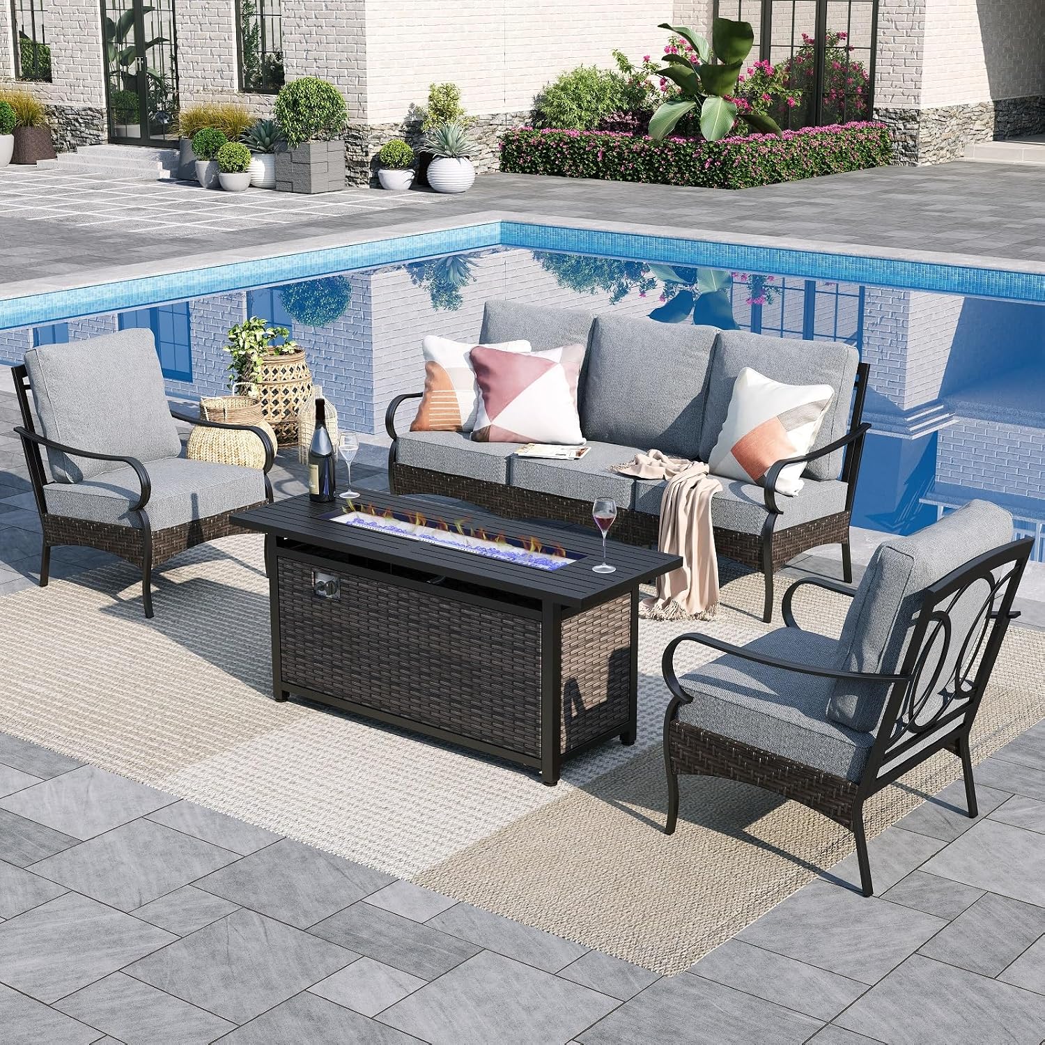Sophia & William Patio Furniture Set with Fire Pit Table, 4 PCS Metal Outdoor Conversation Set with Fire Pit Table, 2 Sofa Chairs,3-Seater Couch for Outdoor Seating, Backyard, Porch(Grey)