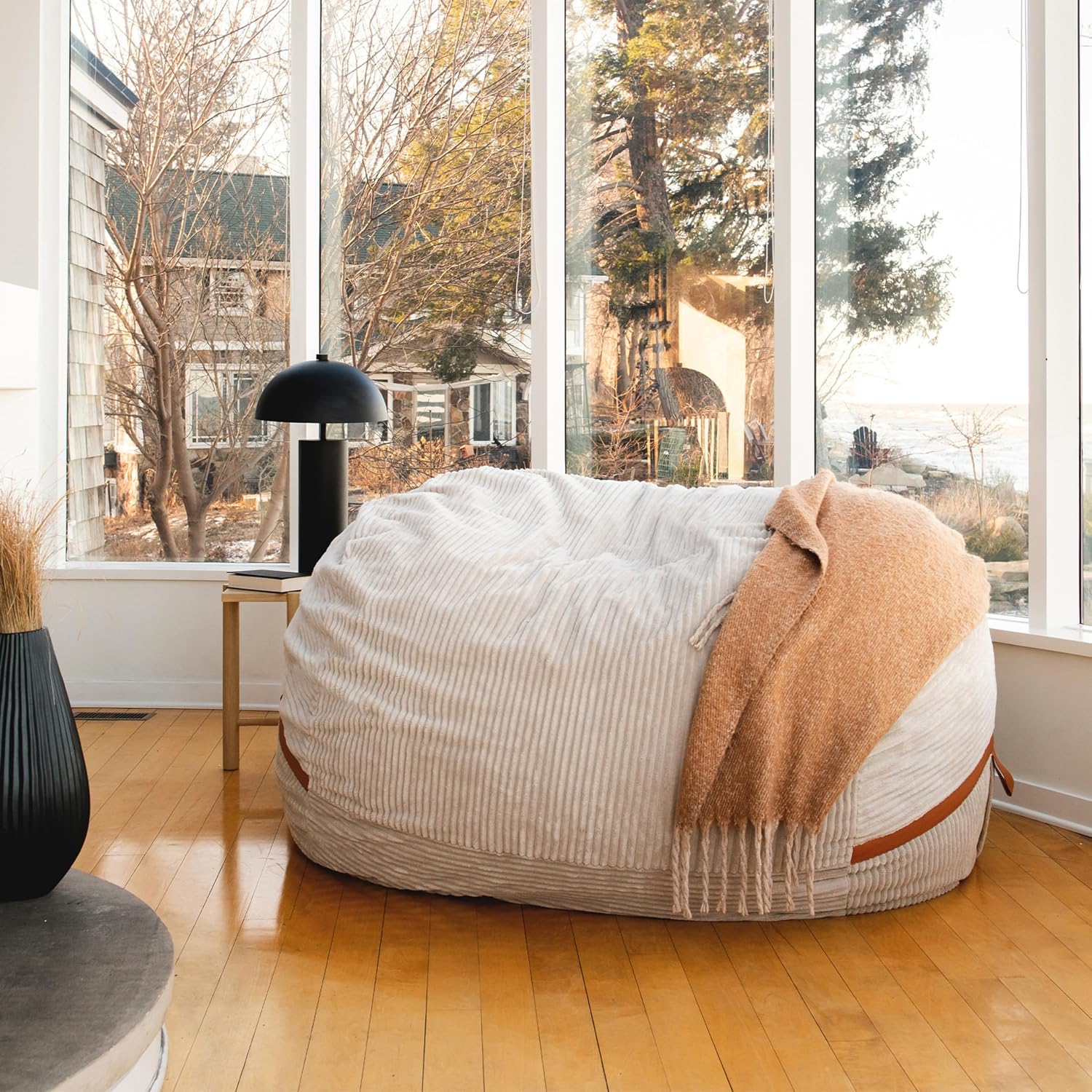 Big Joe Fuf 8Ft Giant Foam Bean Bag Chair, Oversized Couch with Removable Cover for Kids, Teens, Adults, Vanilla Latte Corded Plush, 8 Foot