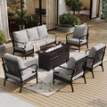 SUNSHINE VALLEY 6 Piece Black Metal Outdoor Patio Furniture Sets with Firepit Table, Patio Conversation Sets 1 3-Seater Sofa, 4 Single Sofa with 5.75' Extra Cushion Backyard Furniture for Deck, Gray