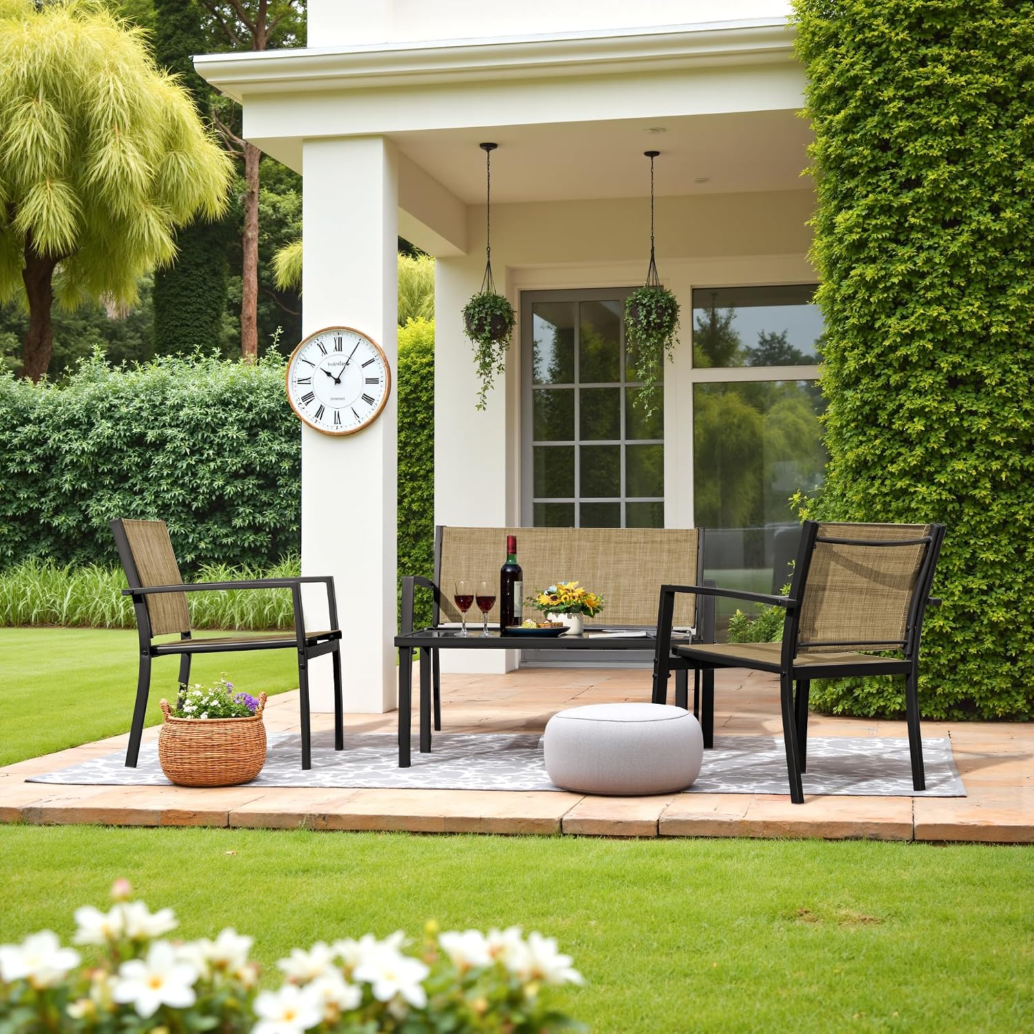 Greesum 4 Pieces Outdoor Furniture Set All Weather Patio Conversation Set with Porch Loveseat, Garden Bistro Chairs with Glass Coffee Table for Garden Backyard Poolside Textile Modern, Yellow