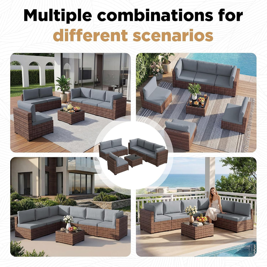 LHBcraft Patio Furniture Set,7 Pieces Outdoor Wicker Rattan Patio Furniture with Rain Cover, Wicker Rattan Outdoor Sectional Sofa Set with Coffee Table for Garden, Taupe-Blue