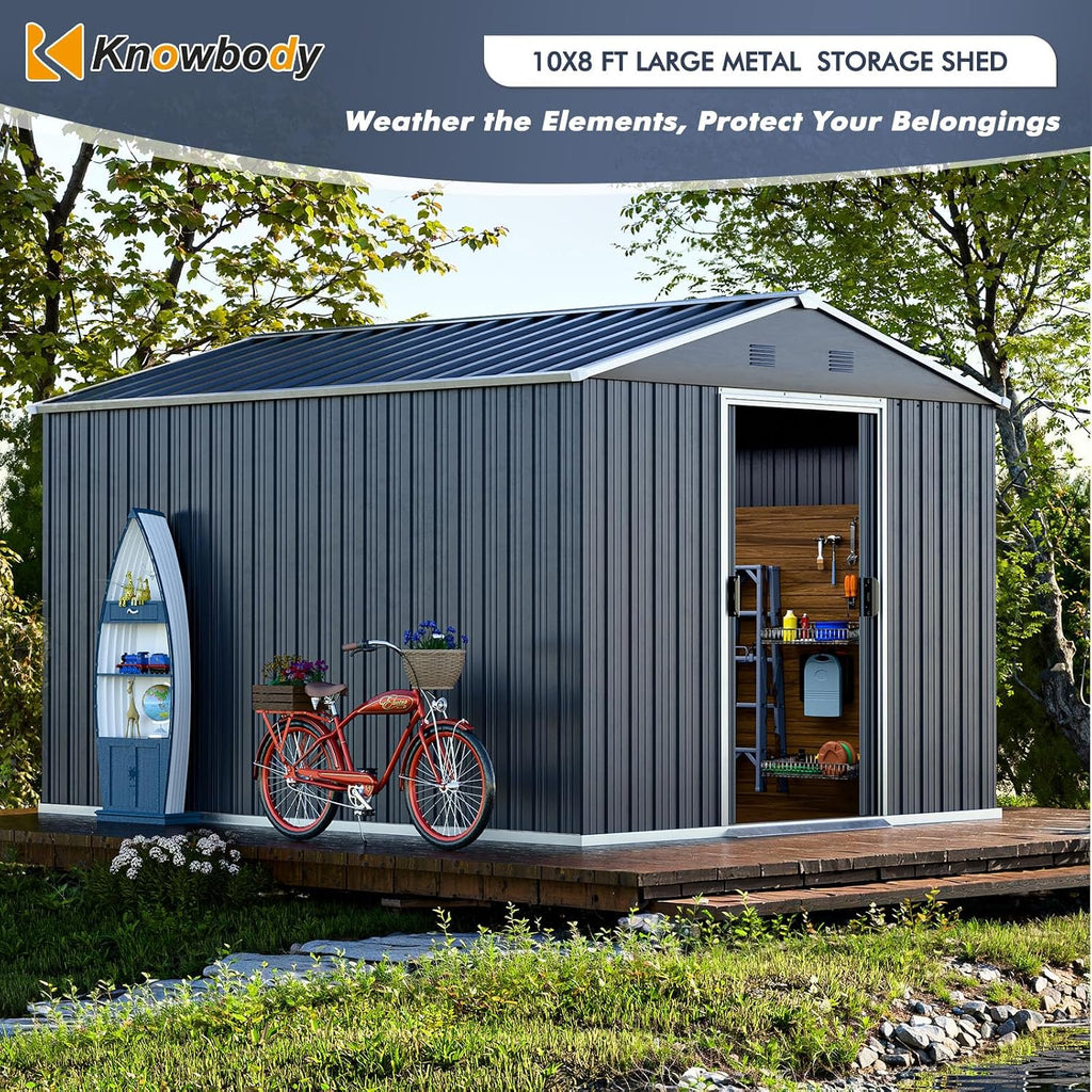10x8 FT Metal Outdoor Storage Shed, Large Garden Tool Metal Sheds with Sloping Roof and Lockable Door, Outdoor Storage Shed for Backyard Garden Patio Lawn Deck, Grey