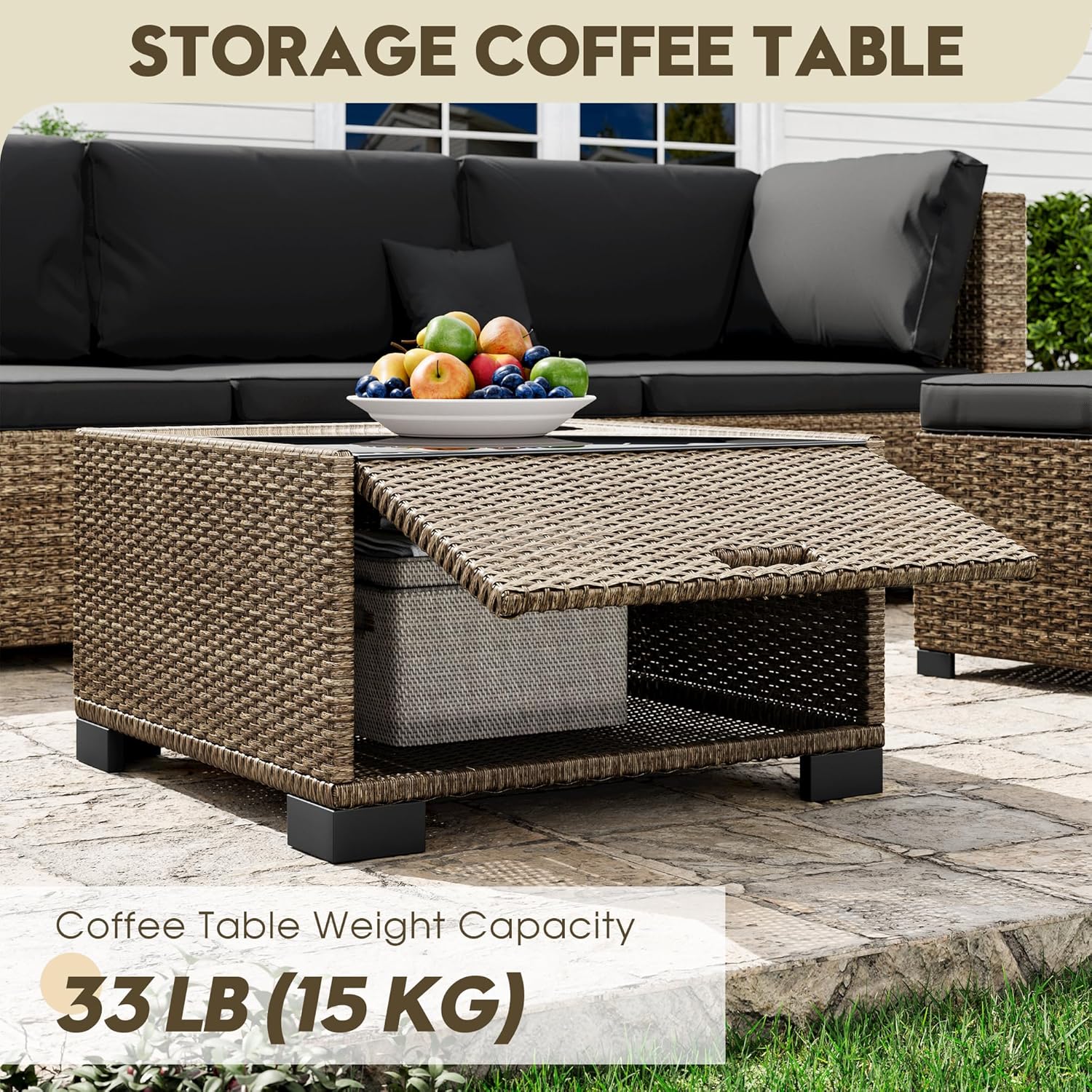 LHBcraft 7 Piece Outdoor Patio Furniture Set, Wicker Patio Furniture Set Outdoor Patio Sectional Sofa for Backyard Rattan Patio Seating with Black Cushion