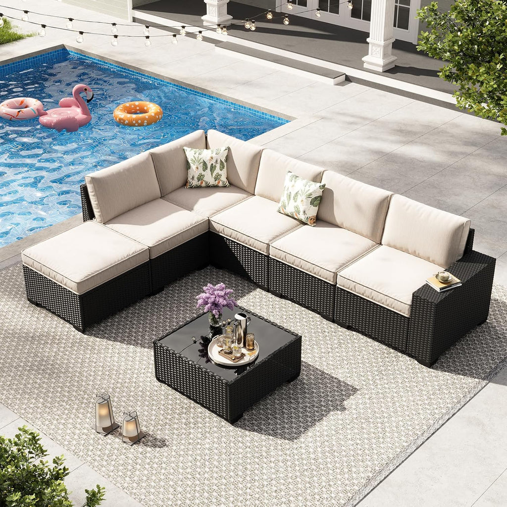7-Piece Outdoor Patio Furniture Set, Modular Wicker Sectional Sofa with Thick Cushions & Coffee Table, All-Weather Rattan Conversation Set for Backyard, Porch, Poolside, Beige