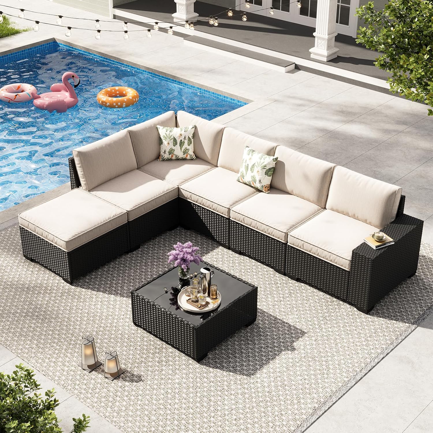 7-Piece Outdoor Patio Furniture Set, Modular Wicker Sectional Sofa with Thick Cushions & Coffee Table, All-Weather Rattan Conversation Set for Backyard, Porch, Poolside, Beige