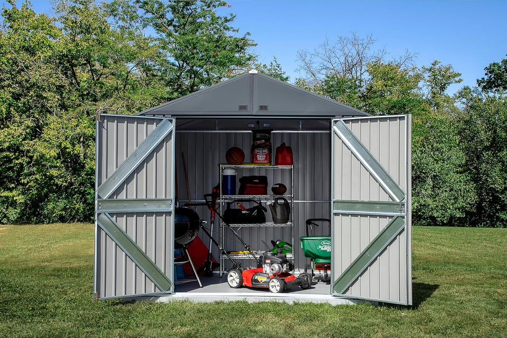 Arrow Shed Elite 8' x 6' Tall Outdoor Steel Storage Shed with High Gable and Lockable Doors Storage Building, Anthracite