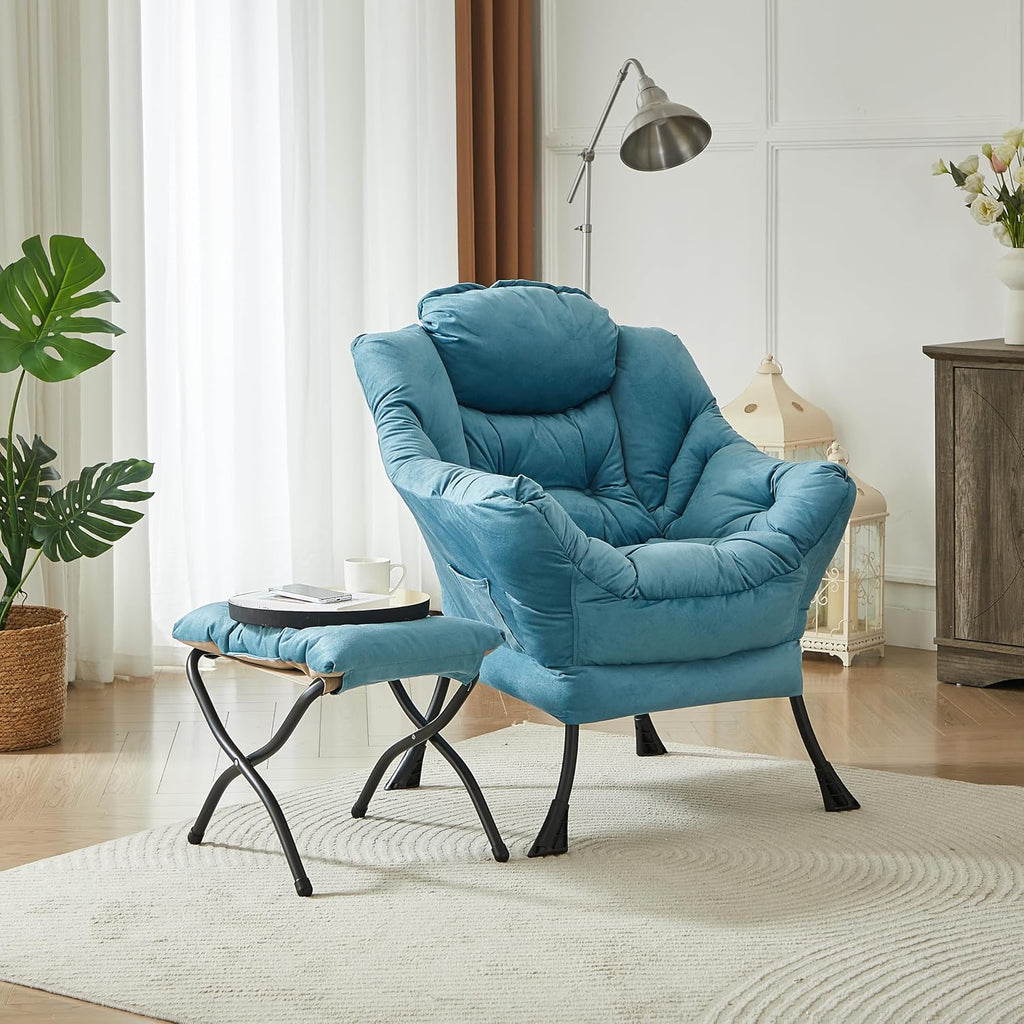 HollyHOME Lazy Chair with Foldable Ottoman, Accent Comfy Lounge Armchair and Folding Footrest Stool, Leisure Sofa Reading Chair and Footstool for Living Room, Bedroom, Dorm,Blue