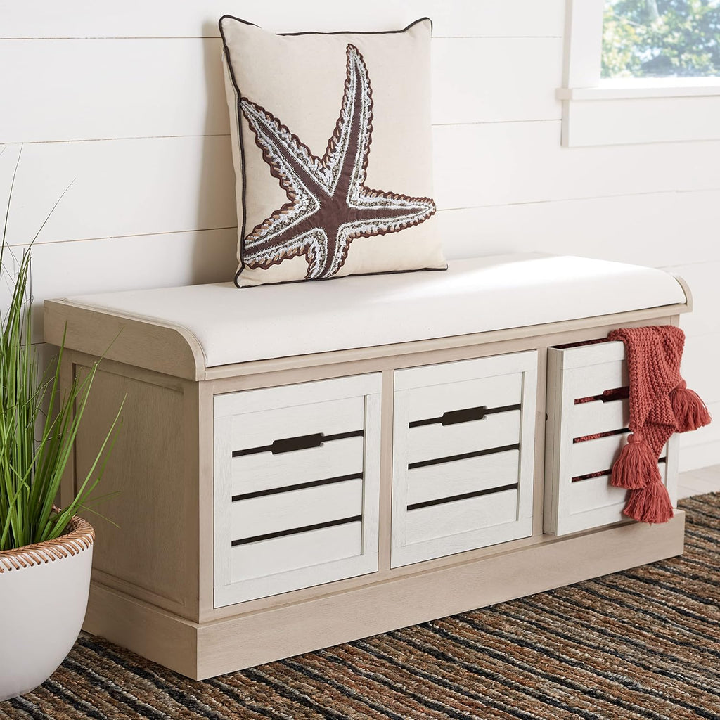 SAFAVIEH Home Collection – Briar 3-Drawer Upholstered Storage Bench, Farmhouse Entryway Accent Bench with Cushion Top, Sand Frame & Distressed White Drawer Fronts (BCH5700B)