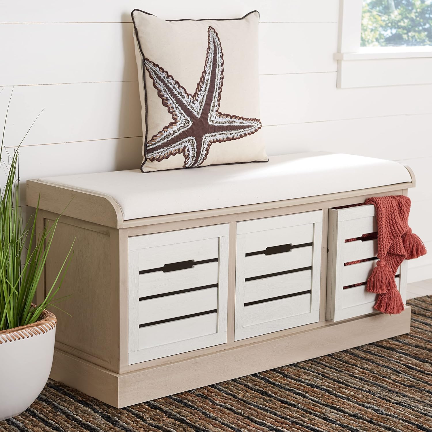 SAFAVIEH Home Collection – Briar 3-Drawer Upholstered Storage Bench, Farmhouse Entryway Accent Bench with Cushion Top, Sand Frame & Distressed White Drawer Fronts (BCH5700B)