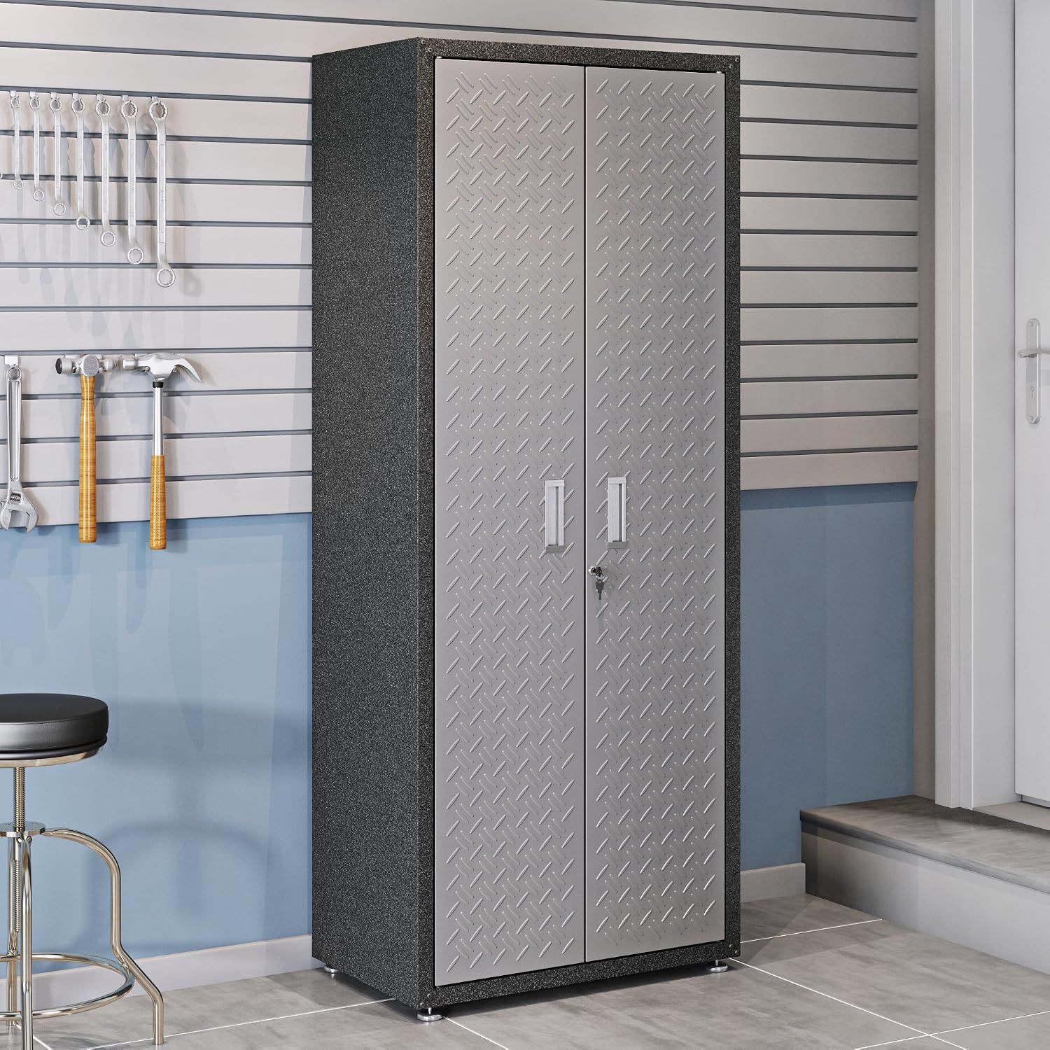 Manhattan Comfort Fortress Collection Modern Designed Durable Tall Storage Standing Garage Cabinet Great For Tools and Supplies, Stainless Steel