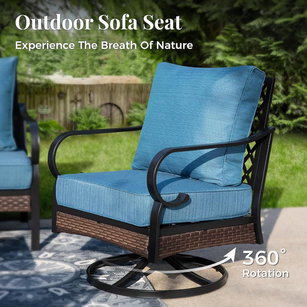 MIXPATIO Patio Furniture Set with Fire Pit Table, Metal Outdoor Conversation Set with 5.75'' Extra Thick Cushion, 2 Swivel Chairs, 2 Leg Chairs, 3-Seat Sofa and Gas Fire Pit Table, Pacific Blue