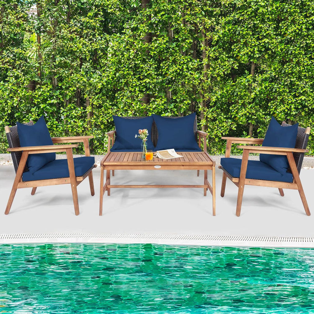 Tangkula 8-Piece Patio Furniture Set, Outdoor Acacia Wood Conversation Set with Cushions and Coffee Table, Outdoor PE Wicker Sectional Sofa Set for Garden, Poolside and Backyard (2, Navy)