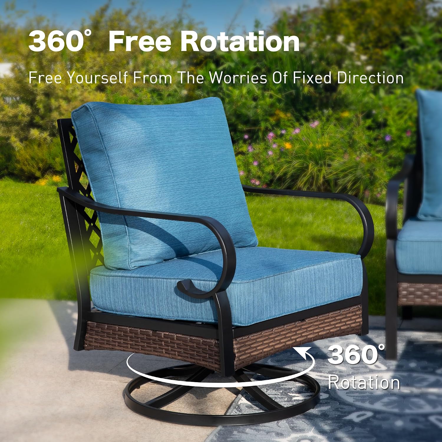 SUNSHINE VALLEY 4 Piece Black Metal Outdoor Patio Furniture Sets with Firepit Table, Patio Conversation Sets 1 3-Seater Sofa, 2 Swivel Sofa with 5.75' Thick Cushion Backyard Furniture for Deck, Blue-2