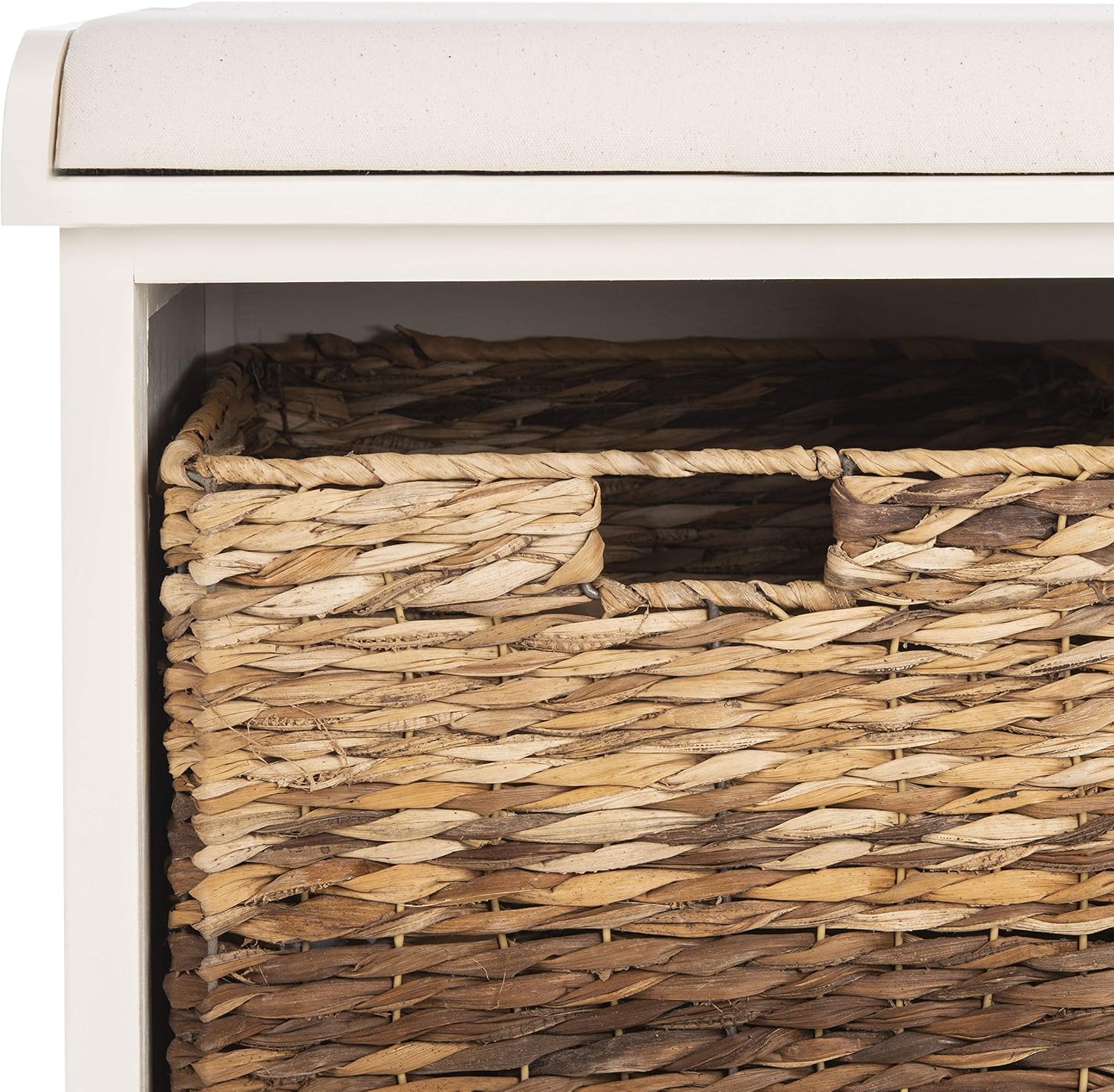 SAFAVIEH Home Collection – Freddy Vintage White Storage Bench with Wicker Baskets & Cushion, Entryway Seating Bench, Fully Assembled (AMH5736D)