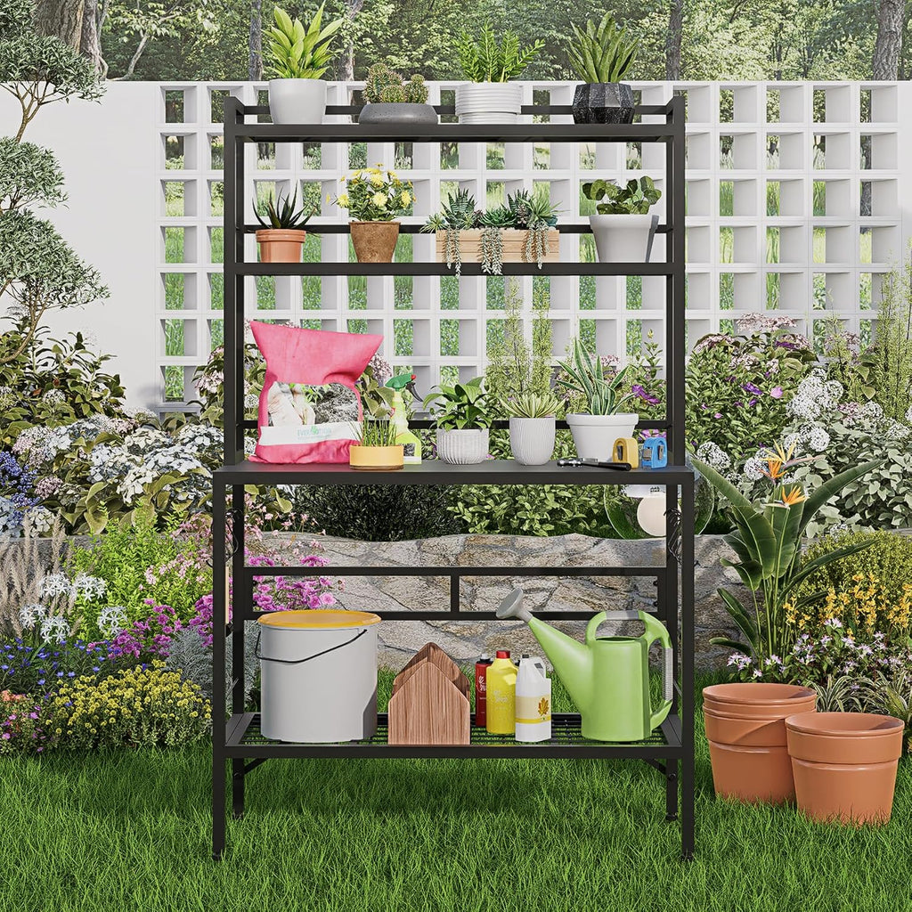 Outdoor Potting Bench Table with Storage, 63' Tall Metal Garden Workstation, 4-Tier Plant Stand Shelves with 8 Hooks, Heavy Duty All-Weather Potting Table for Patio, Backyard, Balcony, Black