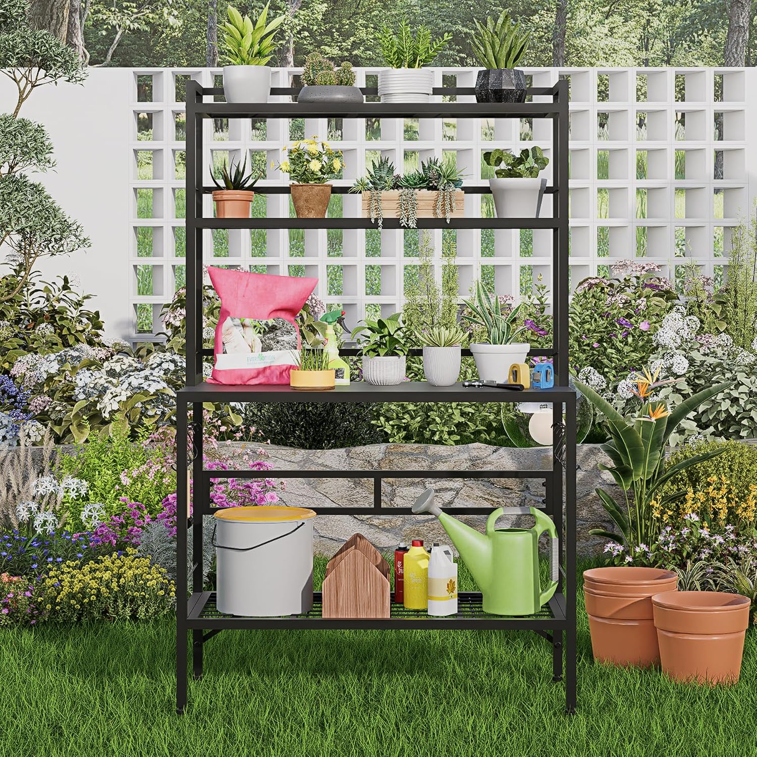 Outdoor Potting Bench Table with Storage, 63' Tall Metal Garden Workstation, 4-Tier Plant Stand Shelves with 8 Hooks, Heavy Duty All-Weather Potting Table for Patio, Backyard, Balcony, Black