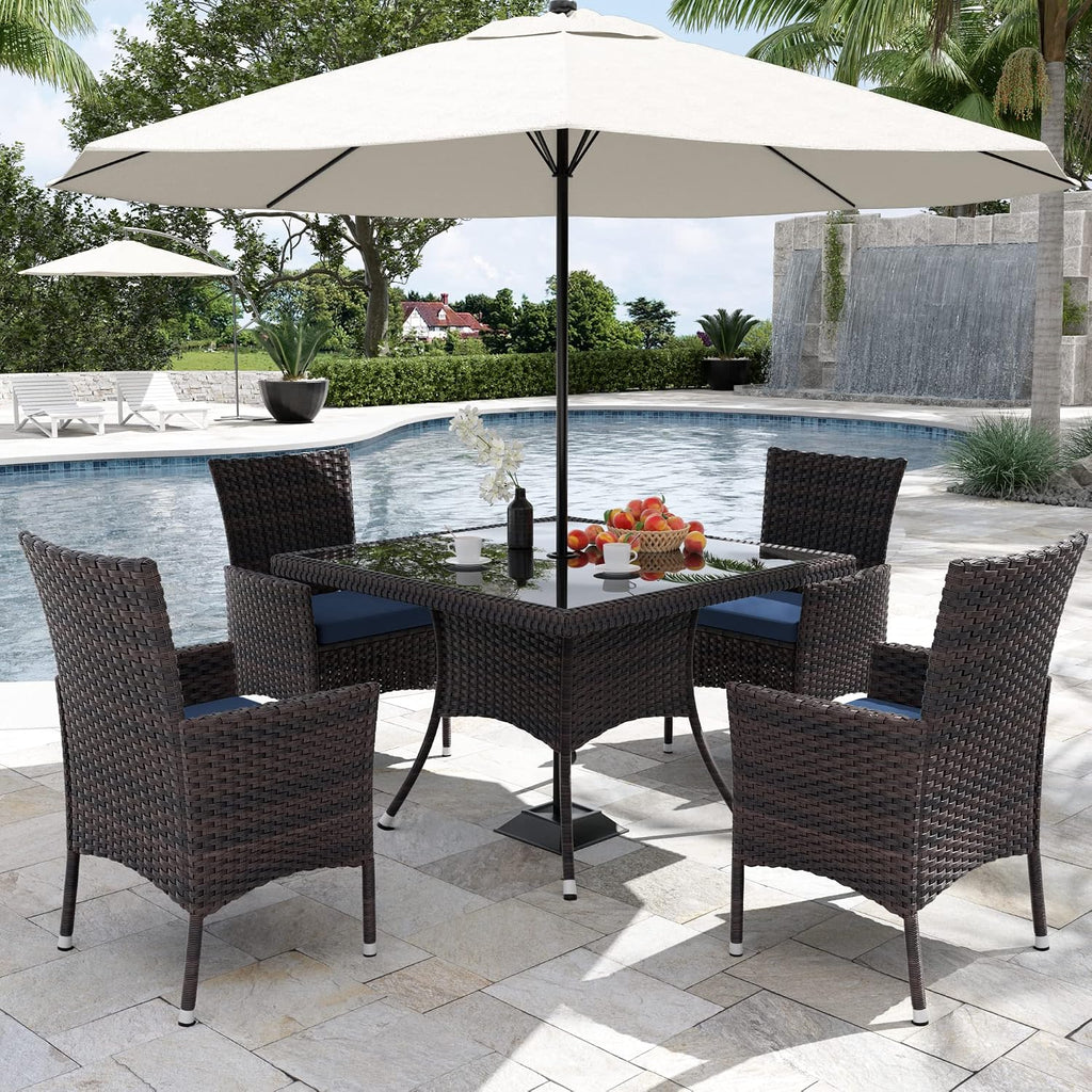 Kurapika 15-Piece Patio Furniture Outdoor Dining Set, Wicker Rattan Patio Dining Table and Chairs Set, Square Tempered Glass Tabletop with Umbrella Hole and 12 Chair Set, Navy Blue