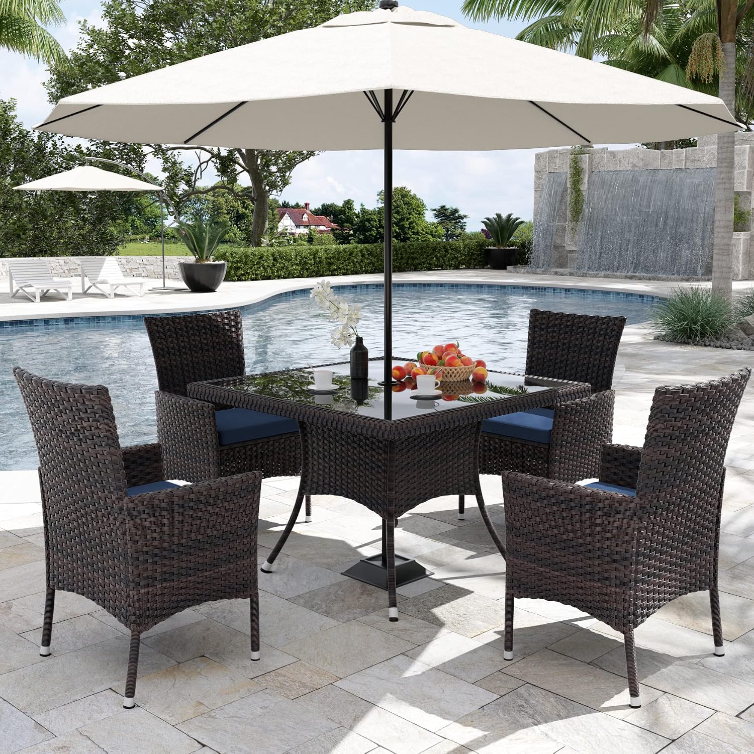 Kurapika 5-Piece Patio Furniture Outdoor Dining Set, Wicker Rattan Patio Dining Table and Chairs Set, Square Tempered Glass Tabletop with 4 Chair Set, Navy Blue