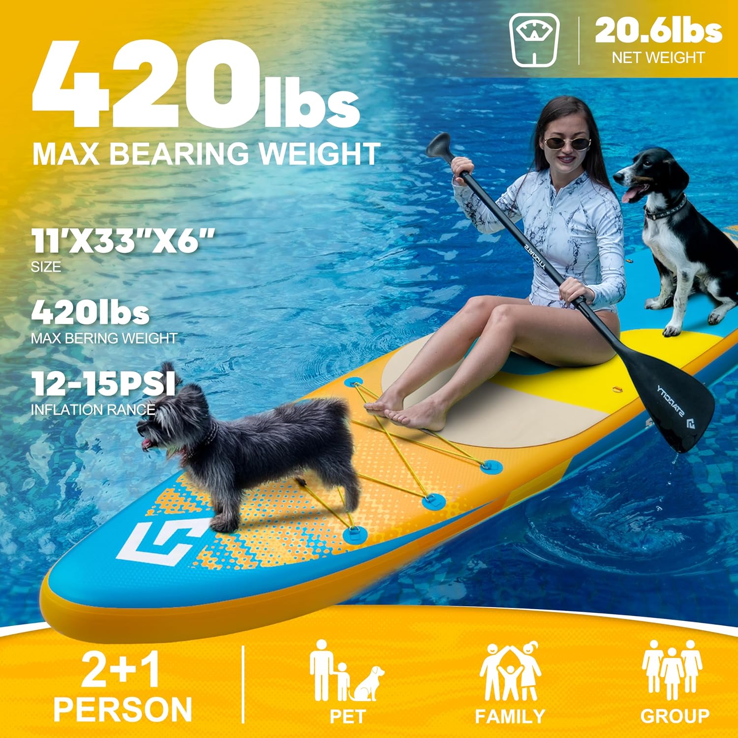 Starcity 11'x34*6' Blow Up Paddle Board, Inflatable Paddle Board, Spacious and Stable, Anti Slip and Easy to Operate, Large Size Suitable for Single Person/Family/Pet Use