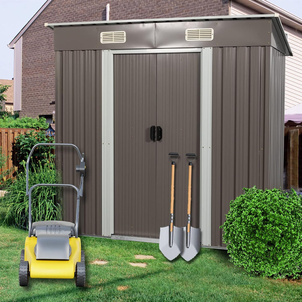 6.4ftX4ft Outdoor Storage Shed with Metal Foundation and Sliding Doors, Waterproof Tool Storage Shed for Patio Lawn Backyard (Gray-6.4ftx4ft)