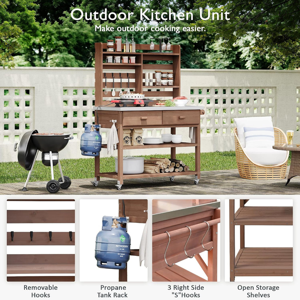 64.9' H Outdoor Potting Bench Table with Lockable Wheels, Solid Wood Outdoor Kitchen Island with Upper Hutch, Stainless Steel Top,Outdoor Storage for Grilling, Lawn Garden (Brown/F, 64.9')