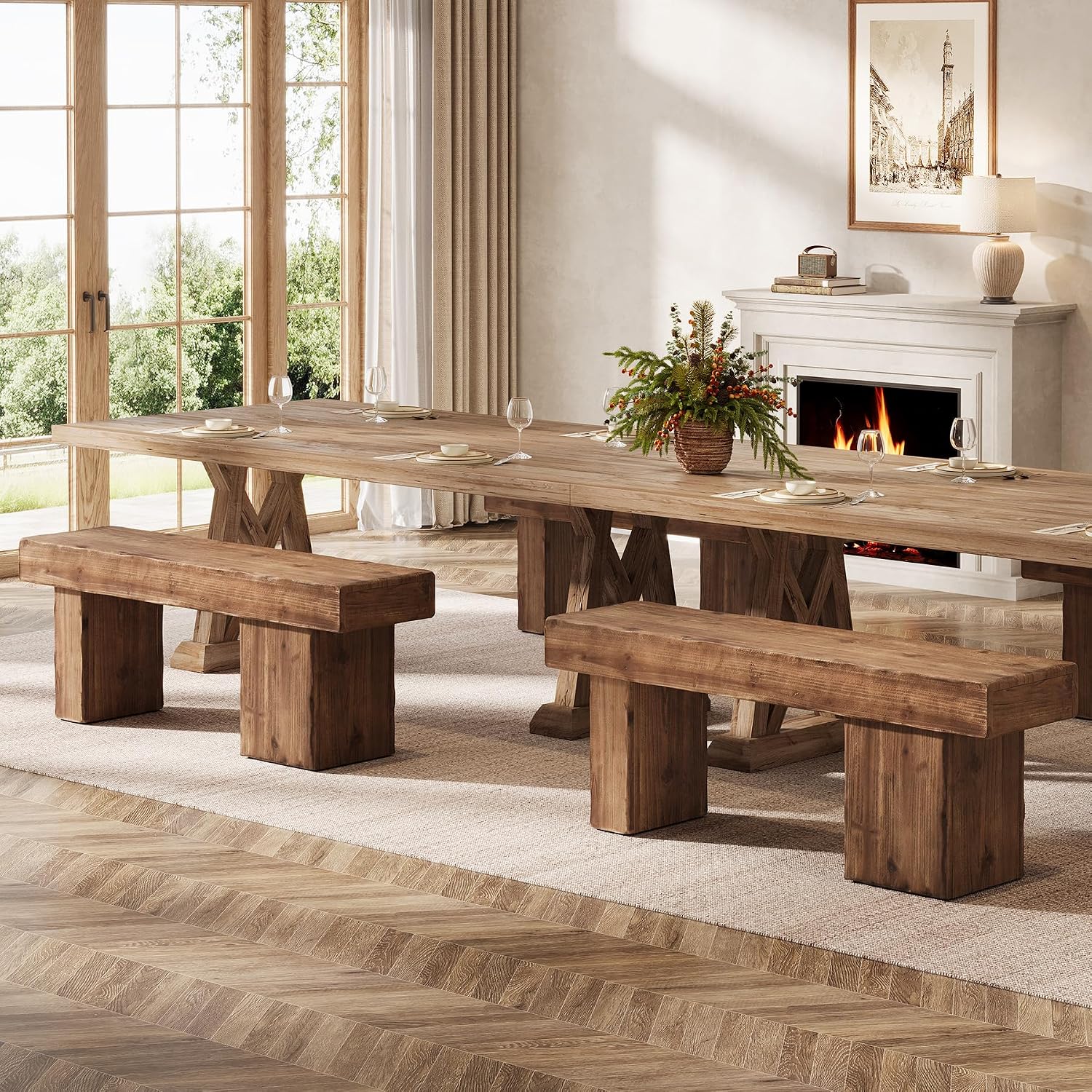 Solid Wood Bench, 47' Farmhouse Entryway Bench with Thickened Seat & Artistic Legs, Heavy Duty Indoor Bench for Bedroom, Hallway, Living Room, Indoor, Porch, Natural