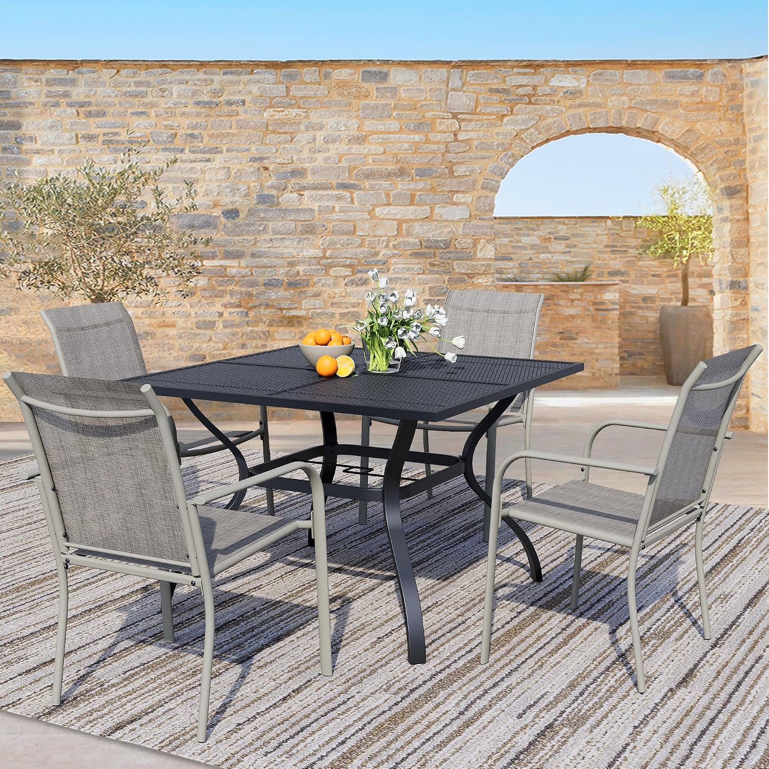5 Piece Outdoor Dining Set, Patio Table and Chairs Set of 4, 37.5' Black Square Patio Table with 4 Grey Stackable Patio Chairs for Lawn, Garden, Porch