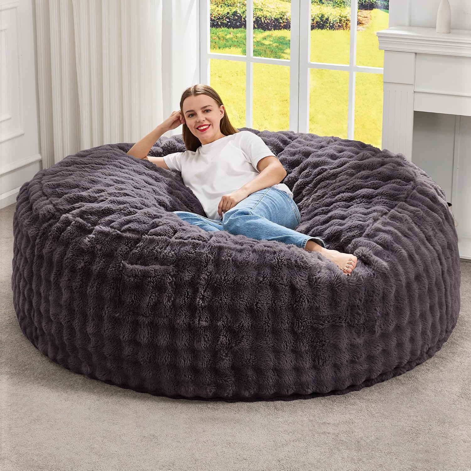 Hobestluk Bean Bag Chairs Beanbag Chair with Filler Adult Bean Bags with Fluffy & Machine Washable Cover, Giant Bean Bag Chairs for Aduts (Dark Grey, 5FT-50' x 50' x 24')