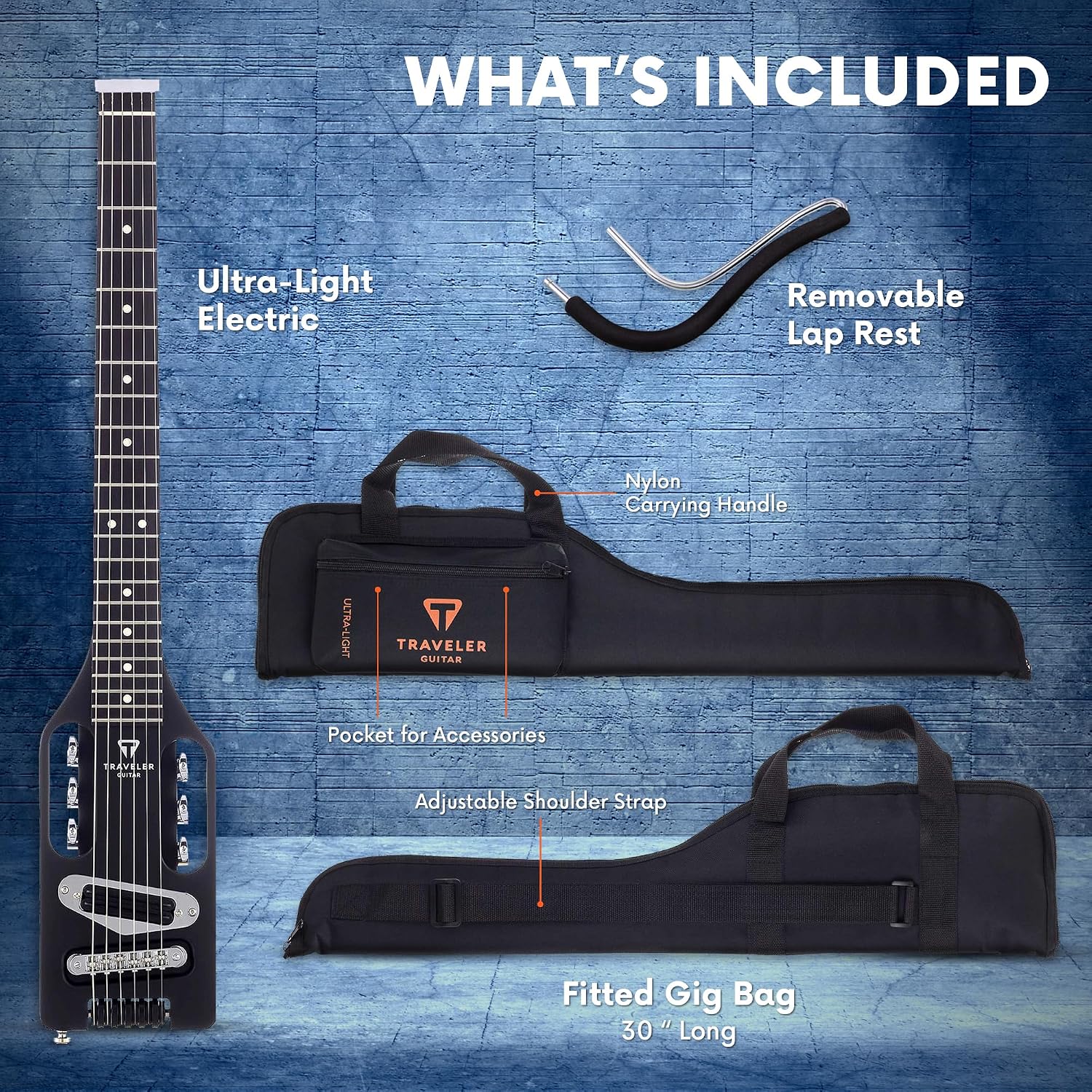 Traveler Guitar Ultra-Light Electric Guitar Matte Black | Portable Electric with Removable Lap Rest | Full 24 3/4' Scale Headless Guitar | Custom Gig Bag Included