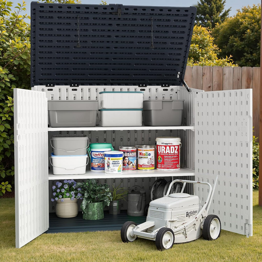TUOZE 34 Cu Ft Resin Storage Shed with 2 Shelves, Waterproof Outdoor Storage Cabinet with Sloping Roof & Lockable Lid for Garden Tools, Trash Cans (Beige)