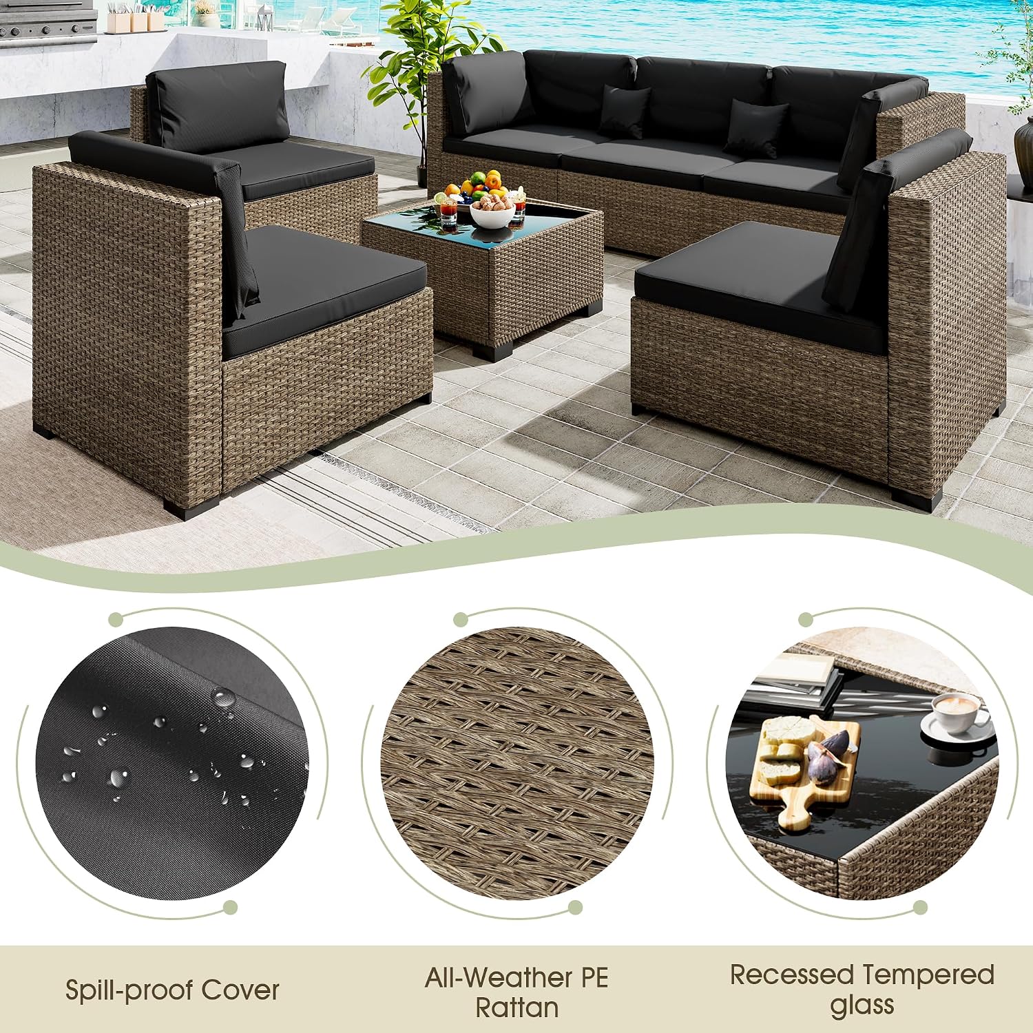 LHBcraft 7 Piece Patio Outdoor Furniture Set, Outdoor Sectional, All-Weather Manual Weaving PE Rattan Wicker Patio Sectional Sofa, Rattan Outside Furniture with Black Cushion and Glass Coffee Table