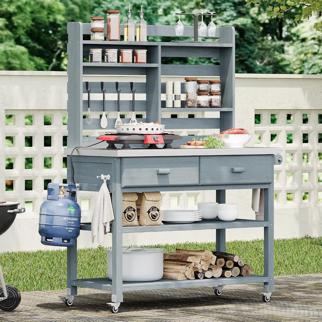 Merax 64.9'H Outdoor Potting Bench Table with Lockable Wheels, Solid Wood Outdoor Kitchen Island with Upper Hutch, Stainless Steel Top, Towel Rack, Outdoor Storage for Grilling, Lawn Garden, Grey Blue