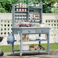 H Outdoor Potting Bench Table with Lockable Wheels, Solid Wood Outdoor Kitchen Island with Upper Hutch, Stainless Steel Top, Storage for Grilling, Lawn & Garden (Grey+Blue/F, 64.9')