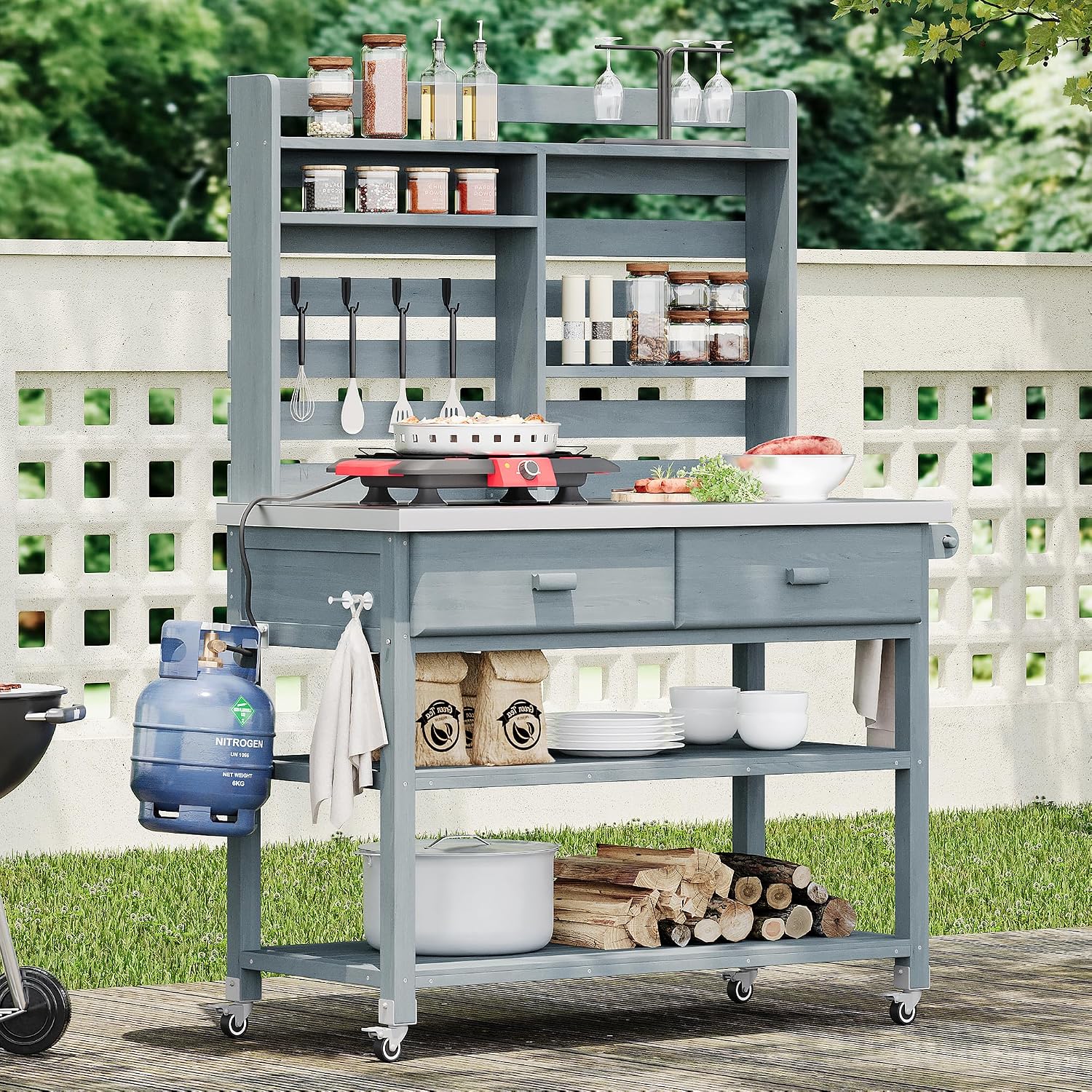 H Outdoor Potting Bench Table with Lockable Wheels, Solid Wood Outdoor Kitchen Island with Upper Hutch, Stainless Steel Top, Storage for Grilling, Lawn & Garden (Grey+Blue/F, 64.9')