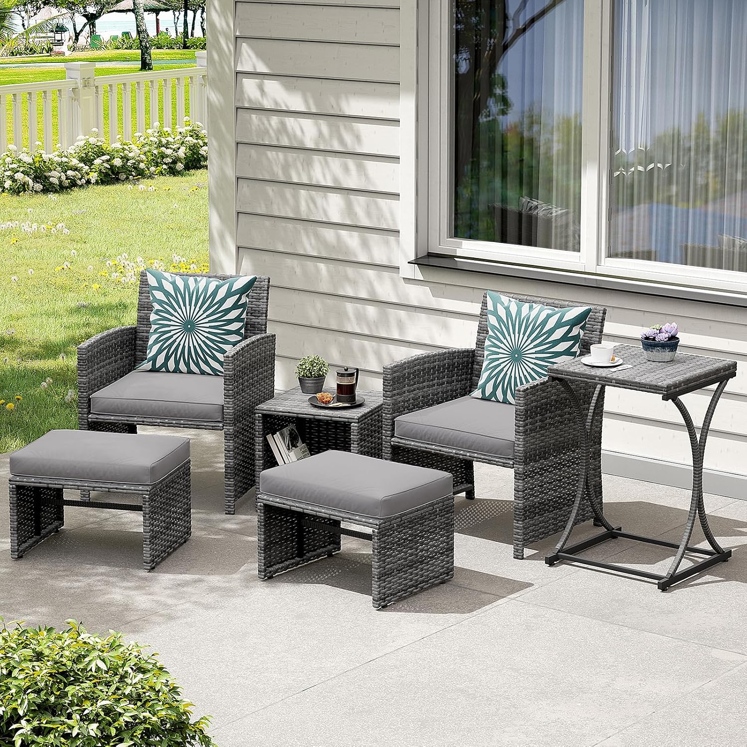 OC Orange-Casual 6 Piece Patio Furniture Conversation Set with Ottoman, Outdoor Grey Wicker Chair and Table Set, Balcony Furniture for Apartments, Light Grey