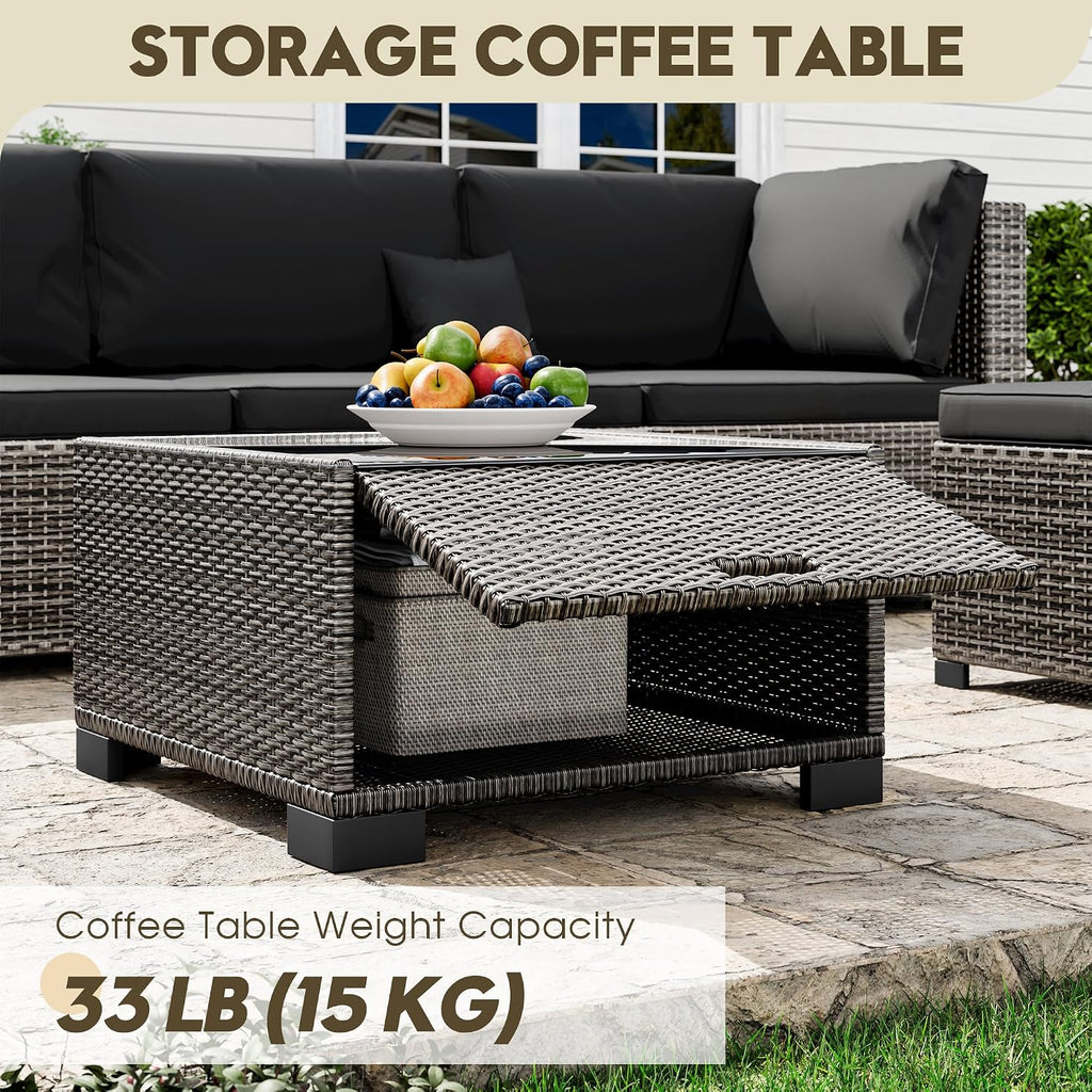 LHBcraft 7 Piece Patio Outdoor Furniture Set, Outdoor Sectional, All-Weather Hand-Woven Wicker Black Patio Sectional, Rattan Outside Furniture with Cushion and Glass Coffee Table