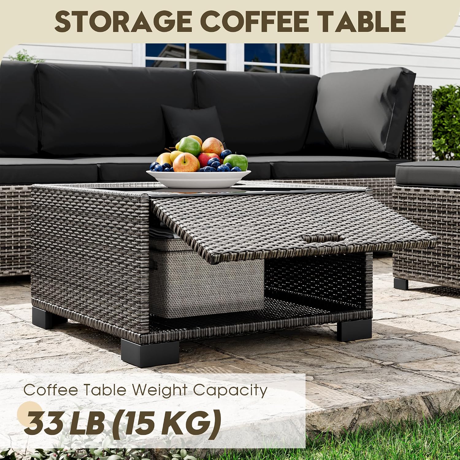 LHBcraft 7 Piece Patio Outdoor Furniture Set, Outdoor Sectional, All-Weather Hand-Woven Wicker Black Patio Sectional, Rattan Outside Furniture with Cushion and Glass Coffee Table