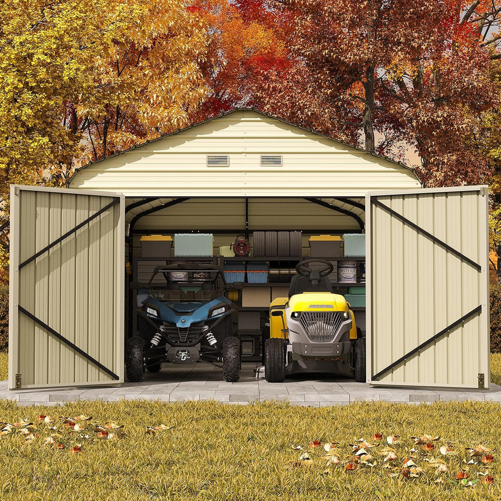 EROMMY 12x20 FT Heavy Duty Carport - Galvanized Steel Frame Car Shelter with Reinforced Base, Enclosed Storage Shed for Cars & Trucks, Beige