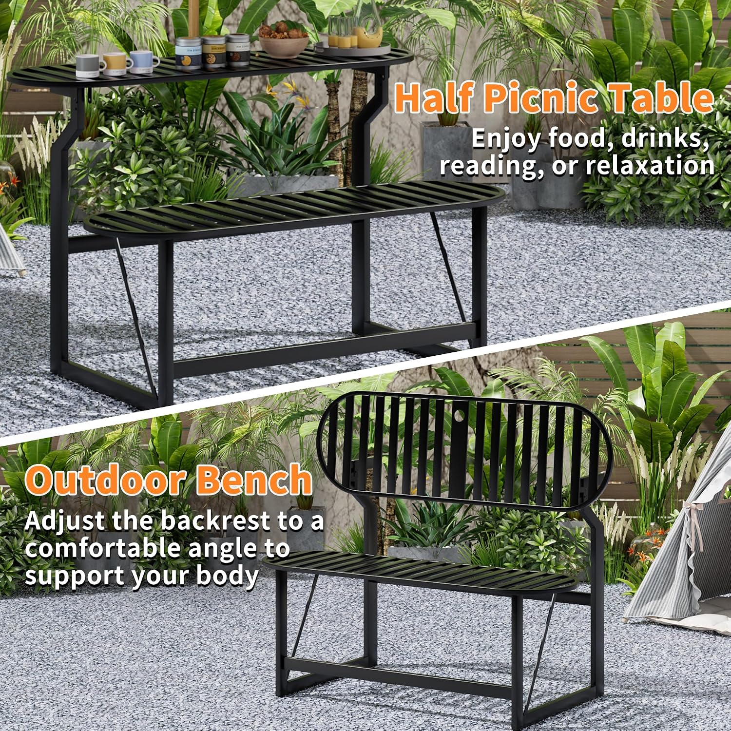 Convertible Bench, 2 in 1 Carbon Steel Picnic Table, Transforming Interchangeable Outdoor Table with Umbrella Hole, for Outside Patio Porch Backyard Park Garden 2 Pack Black Bench