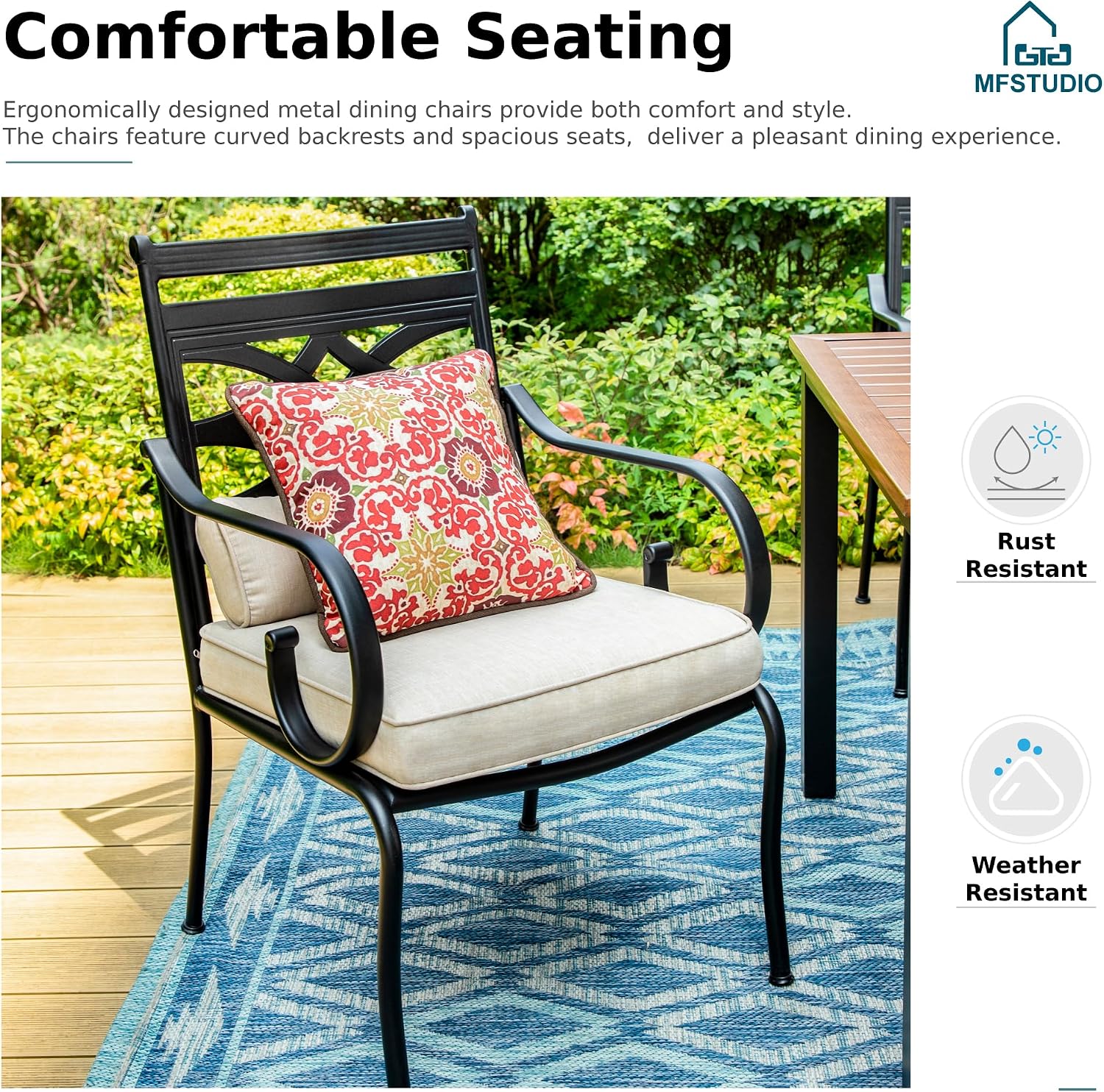 MFSTUDIO Patio Dining Sets for 4, Round Patio Table and Chairs Set with Umbrella Hole, 5 Piece Outdoor Dining Set for Deck, Poolside, Backyard, Garden