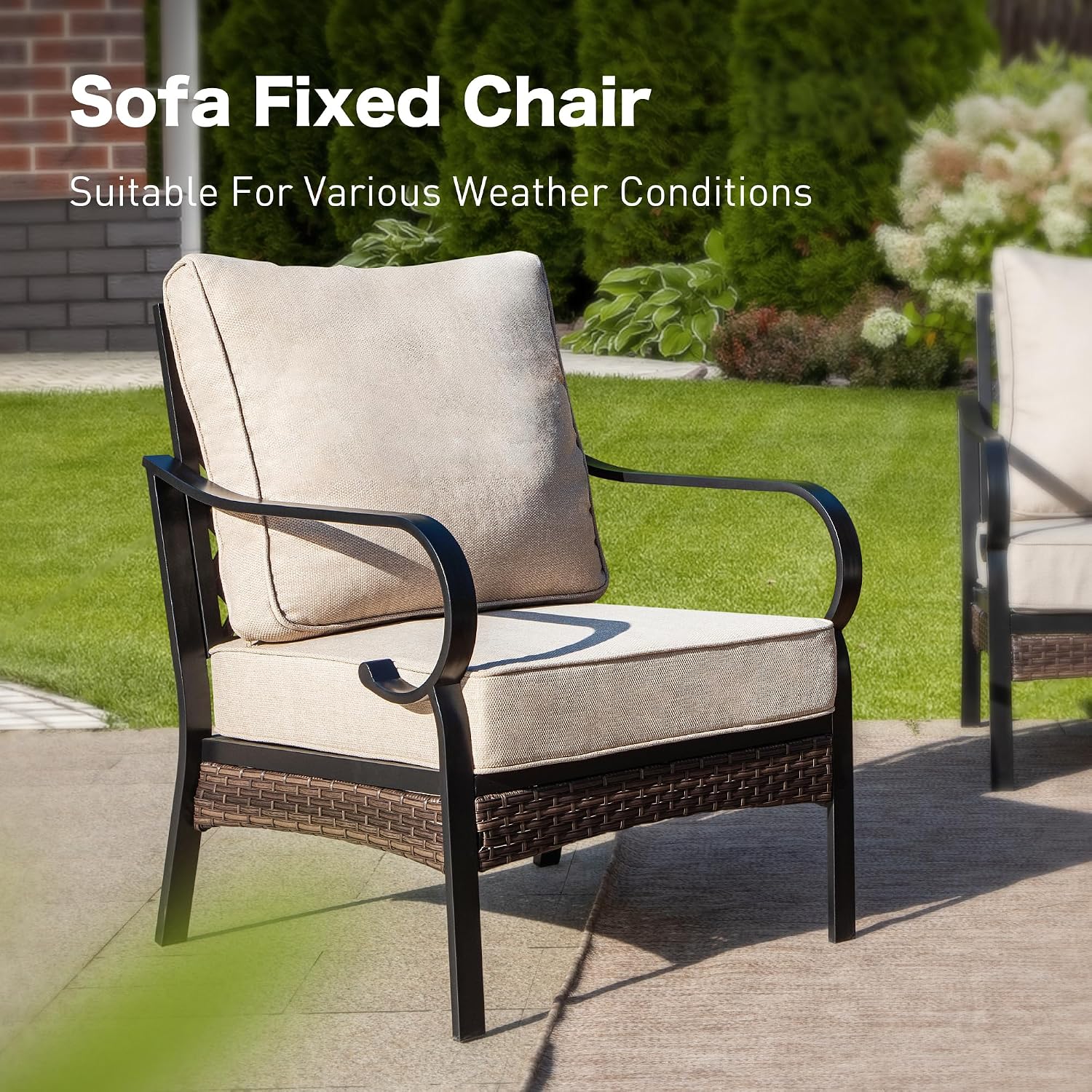 SUNSHINE VALLEY 4 Piece Metal Outdoor Patio Furniture Set, Patio Conversation Sets 1 3-Seater Sofa, 2 Chairs with 5.75' Extra Thick Cushion and Coffee Table, Black Frame Backyard Furniture, Beige